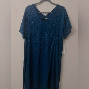 2 pc Sequin Dress-Teal w/tank dress underneath. Tea Length for evening or formal